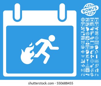 Fire Evacuation Man Calendar Day pictograph with bonus calendar and time management pictograms. Vector illustration style is flat iconic symbols, white, blue background.