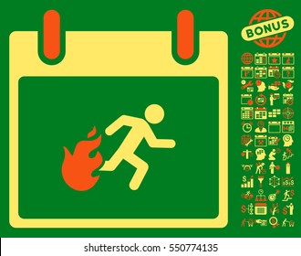 Fire Evacuation Man Calendar Day pictograph with bonus calendar and time management design elements. Vector illustration style is flat iconic symbols, orange and yellow, green background.