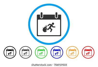 Fire Evacuation Man Calendar Day vector rounded icon. Image style is a flat gray icon symbol inside a blue circle. Bonus color versions are grey, black, blue, green, red, orange.