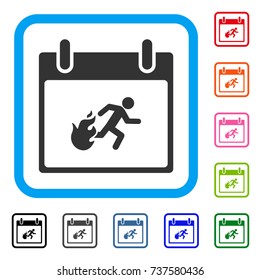 Fire Evacuation Man Calendar Day icon. Flat grey pictogram symbol inside a light blue rounded square. Black, gray, green, blue, red, orange color versions of Fire Evacuation Man Calendar Day vector.