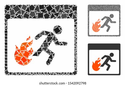Fire evacuation man calendar page mosaic of bumpy pieces in different sizes and shades, based on fire evacuation man calendar page icon. Vector tremulant pieces are organized into mosaic.