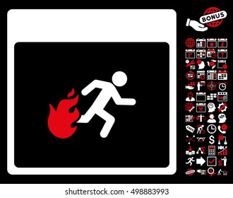 Fire Evacuation Man Calendar Page icon with bonus calendar and time management pictures. Vector illustration style is flat iconic symbols, red and white, black background.