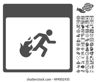 Fire Evacuation Man Calendar Page pictograph with bonus calendar and time management symbols. Vector illustration style is flat iconic symbols, gray, white background.
