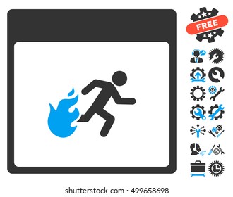 Fire Evacuation Man Calendar Page icon with bonus tools pictograms. Vector illustration style is flat iconic symbols, blue and gray, white background.