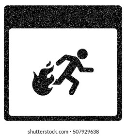 Fire Evacuation Man Calendar Page grainy textured icon for overlay watermark stamps. Flat symbol with dirty texture. Dotted vector black ink rubber seal stamp with grunge design on a white background.