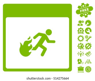 Fire Evacuation Man Calendar Page icon with bonus configuration icon set. Vector illustration style is flat iconic symbols, eco green, white background.