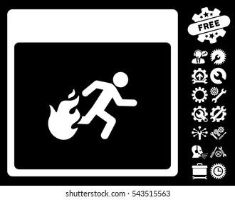 Fire Evacuation Man Calendar Page icon with bonus service clip art. Vector illustration style is flat iconic symbols, white, black background.