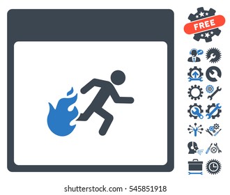 Fire Evacuation Man Calendar Page icon with bonus service icon set. Vector illustration style is flat iconic symbols, smooth blue, white background.