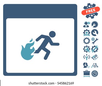 Fire Evacuation Man Calendar Page icon with bonus service pictures. Vector illustration style is flat iconic symbols, cyan and blue, white background.