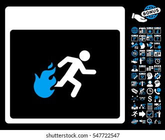 Fire Evacuation Man Calendar Page icon with bonus calendar and time management pictograph collection. Vector illustration style is flat iconic symbols, blue and white, black background.