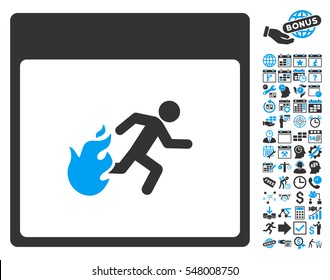 Fire Evacuation Man Calendar Page pictograph with bonus calendar and time management images. Vector illustration style is flat iconic symbols, blue and gray, white background.