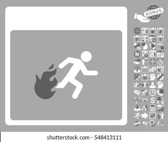 Fire Evacuation Man Calendar Page pictograph with bonus calendar and time management pictures. Vector illustration style is flat iconic symbols, dark gray and white, silver background.