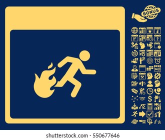 Fire Evacuation Man Calendar Page icon with bonus calendar and time management clip art. Vector illustration style is flat iconic symbols, yellow, blue background.
