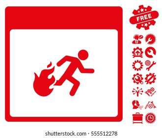 Fire Evacuation Man Calendar Page icon with bonus setup tools clip art. Vector illustration style is flat iconic symbols, red, white background.