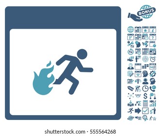 Fire Evacuation Man Calendar Page icon with bonus calendar and time management pictures. Vector illustration style is flat iconic symbols, cyan and blue, white background.