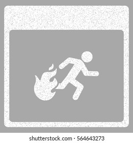 Fire Evacuation Man Calendar Page grainy textured icon for overlay watermark stamps. Flat symbol with dirty texture.