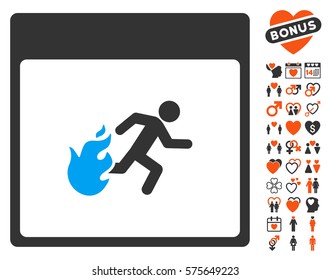 Fire Evacuation Man Calendar Page icon with bonus amour symbols. Vector illustration style is flat iconic elements for web design, app user interfaces.