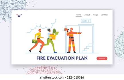 Fire Evacuation Plan Landing Page Template. Hazard At Office Workplace. Fireman With Megaphone Announce Fire Emergency Evacuation Alarm. Characters Escape Office . Cartoon People Vector Illustration