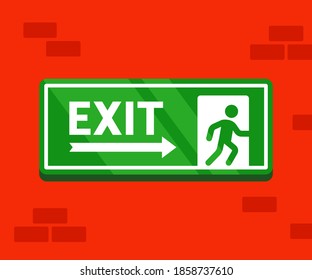 fire evacuation sign. The safe exit sticker hangs on a brick wall. flat vector illustration.