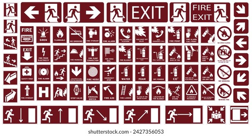 Fire evacuation signs. Signs of action during a fire accident. Fire signs.  EPS 10.