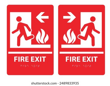  Fire Exit Braille Sign. Red emergency fire exit sign. Running human figure and Emergency fire exit door.