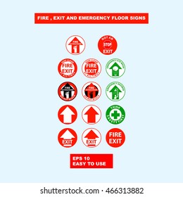 Fire, exit and emergency floor signs design illustration for safety first