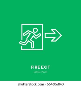 Fire exit, escape flat line sign. Flame protection thin linear icon, pictogram.