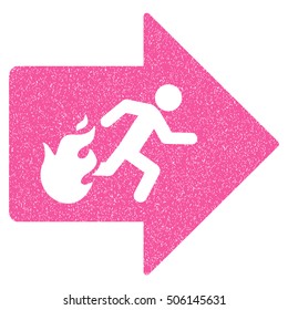 Fire Exit grainy textured icon for overlay watermark stamps. Flat symbol with dust texture. Dotted vector pink ink rubber seal stamp with grunge design on a white background.