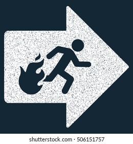 Fire Exit grainy textured icon for overlay watermark stamps. Flat symbol with scratched texture. Dotted vector white ink rubber seal stamp with grunge design on a dark blue background.