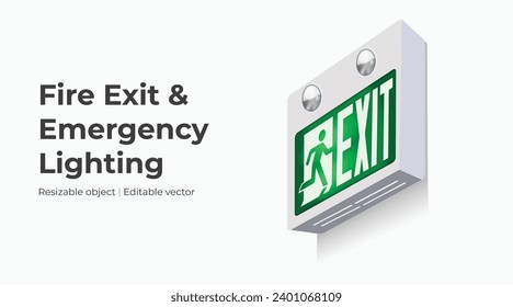 Fire exit in green colour with  emergency light, vector illustration