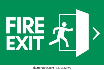 Fire exit. Green emergency exit sign. Vector illustration.