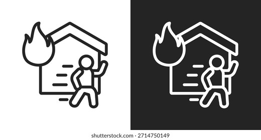 Icono de salida de incendios en estilo de línea en blanco y negro