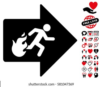 Fire Exit icon with bonus love icon set. Vector illustration style is flat iconic intensive red and black symbols on white background.