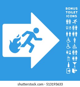 Fire Exit icon and bonus male and female WC symbols. Vector illustration style is flat iconic symbols, white color, blue background.
