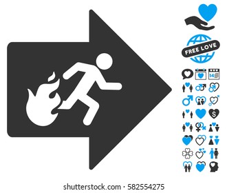 Fire Exit icon with bonus passion design elements. Vector illustration style is flat iconic blue and gray symbols on white background.