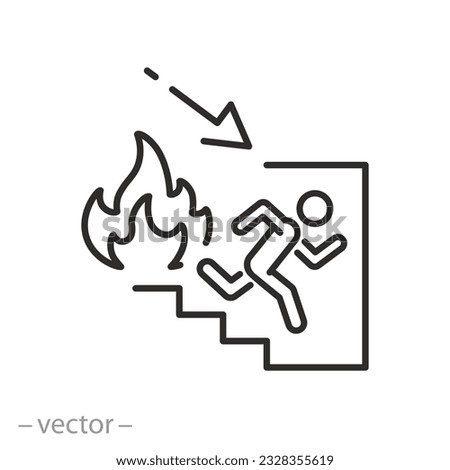 fire exit icon, direction of movement in case of fire, evacuation stairs, arrow down, thin line symbol - editable stroke vector illustration