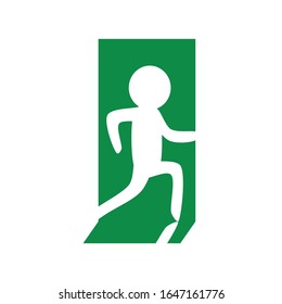 Fire exit icon in green color on white background, emergency sign for safety regulation. Informal character, flat vector cartoon.