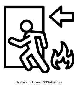 Fire exit line icon. Emergency evacuation outline style pictogram on white background. Flame and doorway with human figure warning sign for mobile concept and web design. Vector graphics