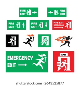 Fire exit sign bundle with emergency arrows, running man icon, and exit door symbols. Includes safety direction signage for evacuation plans, buildings, and workplace emergency use.