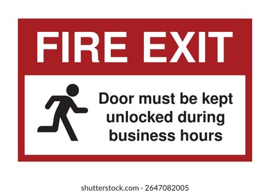 Fire Exit Sign with Business Hours Access Notice – Red and White Emergency Egress Symbol – High Quality Vectorial Stock Image