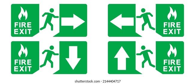 Fire exit sign. Green emergency fire exit sign. Place meet for evacuation. Vector set.