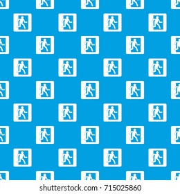 Fire exit sign pattern repeat seamless in blue color for any design. Vector geometric illustration