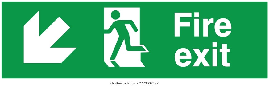 Fire exit sign with running man icon and down left arrow on green background. Vector icon illustration isolated.