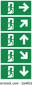 Fire exit sign set in green and white color, flat vector design. Emergency frame for safety. Doorway, arrow and man character.