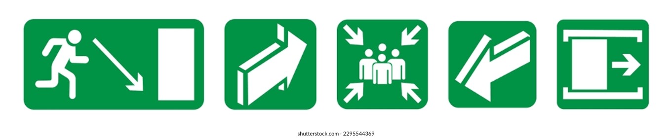 Fire exit signs installed. Green emergency symbols on a white background.