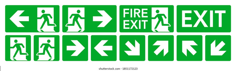 Fire exit signs set. Green emergency symbols on white background. Vector illustrtion