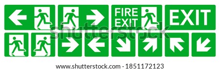Fire exit signs set. Green emergency symbols on white background. Vector illustrtion
