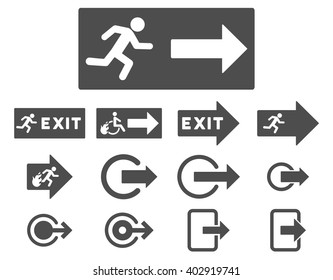 Fire Exit vector icon set. Style is gray flat symbols isolated on a white background.