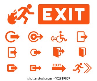 Fire Exit vector icon set. Style is orange flat symbols isolated on a white background.