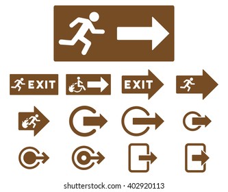 Fire Exit vector icon set. Style is brown flat symbols isolated on a white background.